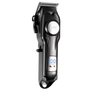 Black electric hair clipper with digital display and stainless steel blades