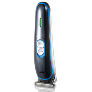 Electric hair clipper with blue accents and stainless blade on white background