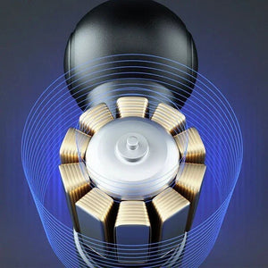 Close-up of electric motor stator with gold coils and blue magnetic field lines