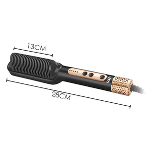 Black and gold RAF electric hair straightening comb with 13cm and 28cm measurements shown