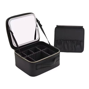 Portable Travel Makeup Organizer Case with LED Mirror and Detachable Pouch - product view 6 - Shoplex