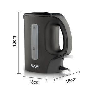 Black RAF electric kettle with measurements 18x13x18cm, water level indicator, and cord.
