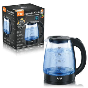 RAF electric glass kettle 2.0L with black handle, shown with product box