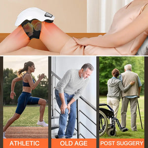 Knee massager device on woman's legs and uses for athletes, elderly, post-surgery recovery