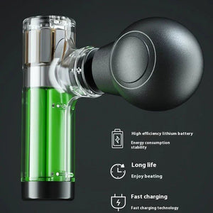 Transparent handheld massage gun with green battery, black ball head, and feature icons.