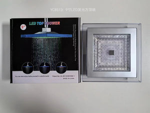 9-inch square LED top shower head with box on white background