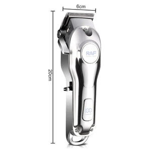 Silver RAF hair clipper with digital display, 20cm by 6cm, on white background