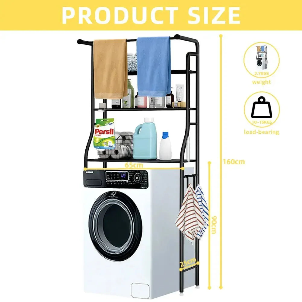 Washing machine storage rack with shelves, laundry supplies, and size measurements