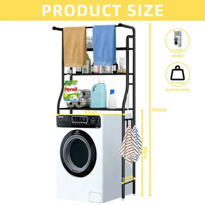 Washing machine storage rack with shelves, laundry supplies, and size measurements