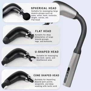Handheld electric massager with four interchangeable heads: spherical, flat, U-shaped, and cone.