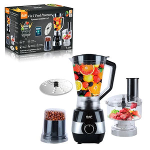 RAF 4 in 1 food processor blender with fruits, grinder, chopper, and packaging box