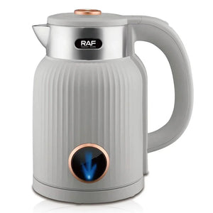 Modern gray electric kettle with ribbed design, RAF logo, and digital display on base