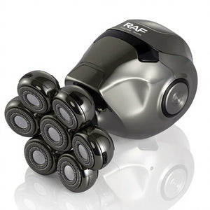 RAF electric rotary head shaver with seven silver shaving heads on white background