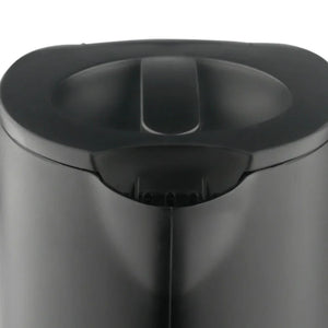 Close-up of a black electric kettle lid, modern kitchen appliance design
