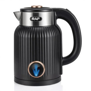 Black RAF electric kettle with ribbed design, handle, and blue power indicator on white background