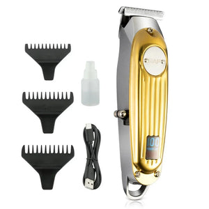 Gold cordless hair clipper with three guide combs, oil bottle, and USB charging cable