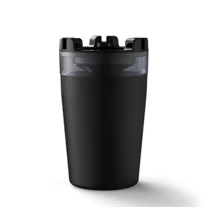 Black insulated tumbler with clear lid on white background