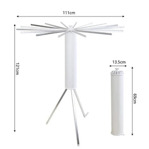 Collapsible rotary clothes drying rack with tripod base, white, labeled dimensions 121x111cm.