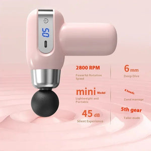 Pink mini massage gun with digital display, 2800 RPM, portable and quiet, on a pink background.