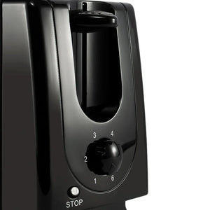Black toaster with numbered dial and stop button, modern kitchen appliance