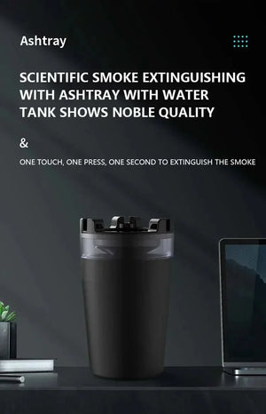 Black ashtray with water tank on desk, modern smoke extinguishing design, near laptop and plant