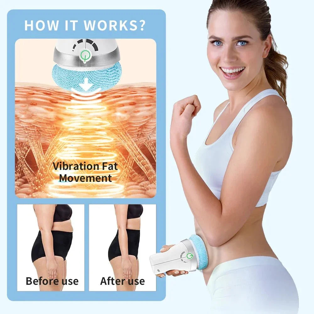 Woman using handheld vibration fat burning massager with before and after results on stomach