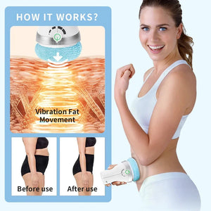 Woman using handheld vibration fat burning massager with before and after results on stomach
