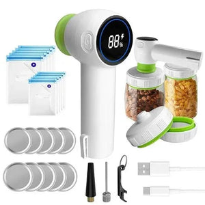 Electric vacuum sealer kit with jars, lids, USB cable, and storage bags for food preservation