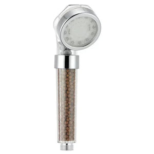 Handheld shower head with mineral filter beads and chrome accents