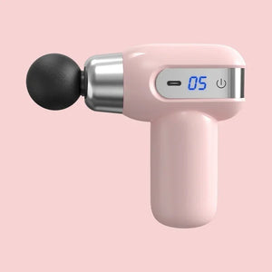 Pink handheld massage gun with digital display on light pink background