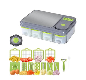 Multi-functional vegetable chopper set with interchangeable blades, storage drawers, and slicer tools.