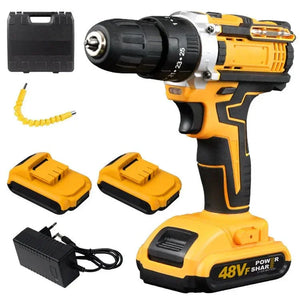 Cordless 48VF power drill kit with batteries, charger, case, and flexible bit extension