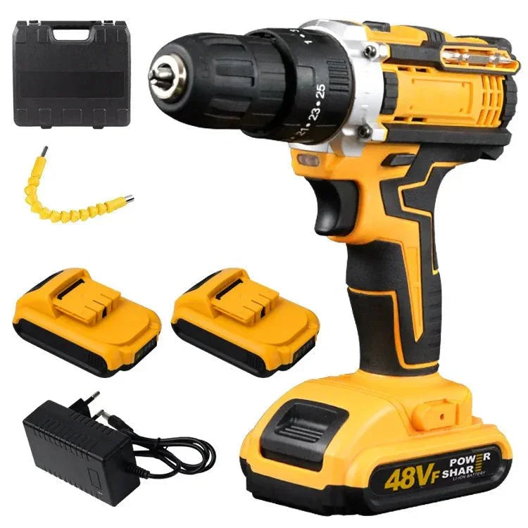 Cordless 48VF power drill kit with batteries, charger, case, and flexible bit extension