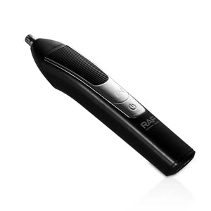 Black RAF electric nose hair trimmer with power button and display on white background