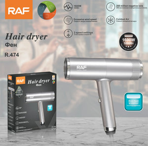 RAF hair dryer R.474 in silver with packaging, 1600W power, 2 speed settings, overheat protection