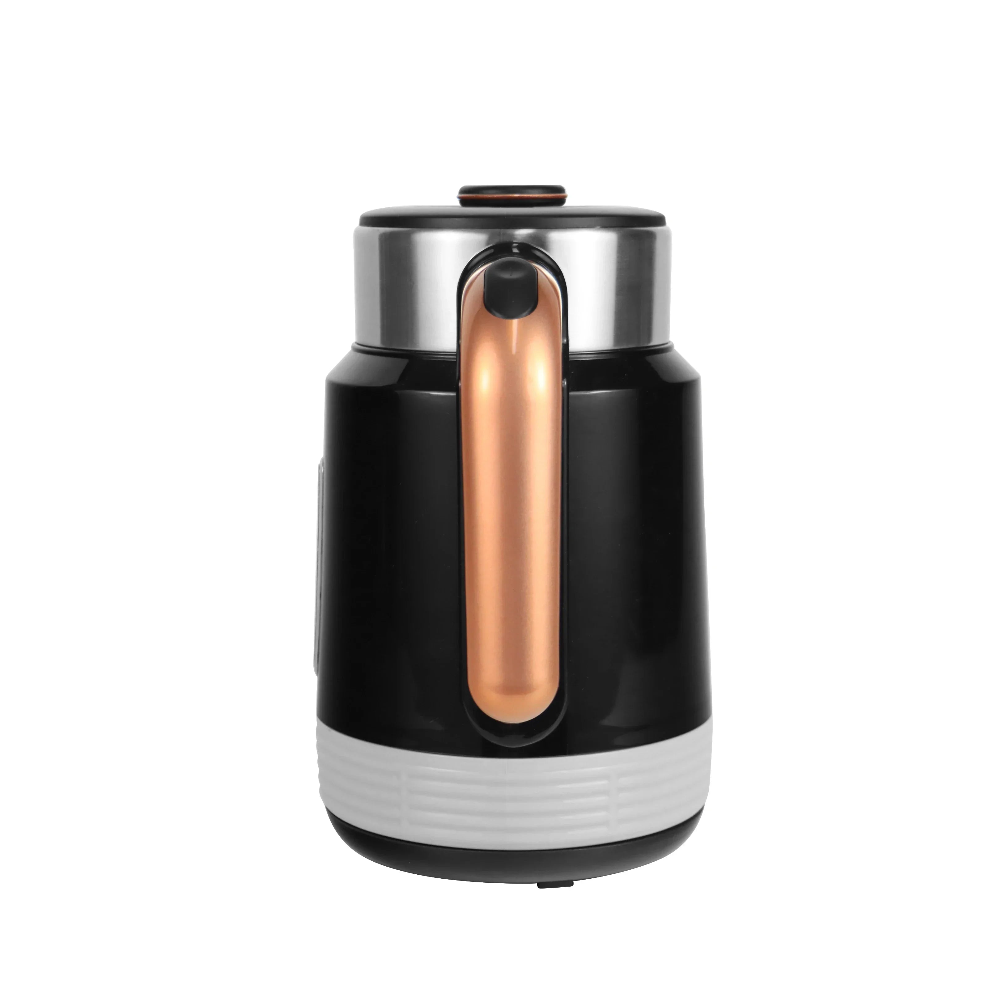Black electric kettle with rose gold handle and silver lid on white background