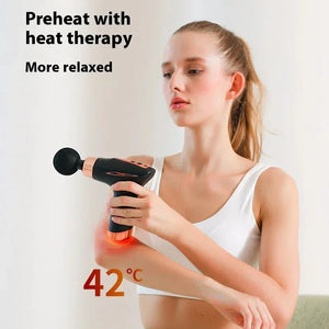 Woman using heated massage gun for arm therapy, 42°C heat, muscle relaxation.