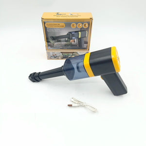 Handheld wireless mini vacuum cleaner with USB cable and product box on white background