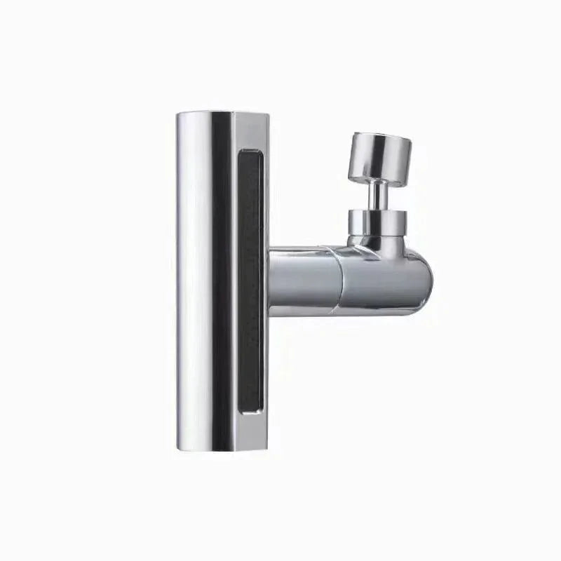 Modern chrome water filter faucet attachment with a cylindrical design on white background