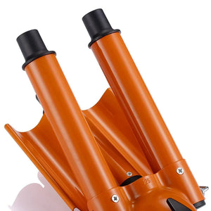 Orange metal double tube auger with black caps, close-up garden tool detail