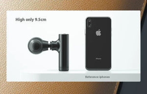 Mini massage gun next to iPhone X on white surface with size comparison, 9.5cm high