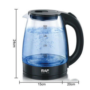 RAF electric glass kettle with black handle, water level markings, and size dimensions 24x20x15cm