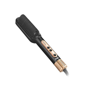 Black and gold electric hair straightening brush with controls on handle, RAF brand