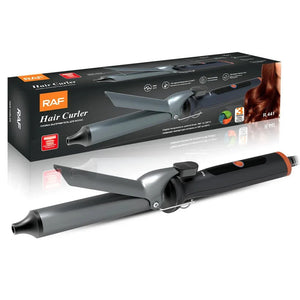RAF hair curler with black and silver design, shown with its branded packaging box.
