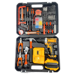 Portable tool kit with orange cordless drill, pliers, hammer, bits, wrenches in a black case