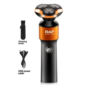 RAF electric shaver with three rotary blades, cleaning brush, and USB power cable