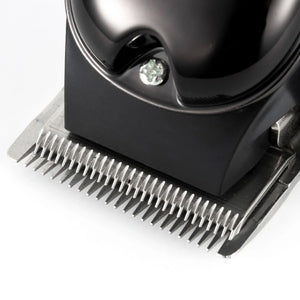 Close-up of electric hair clipper blades, silver metal trimmer detail on white background