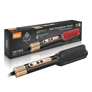 RAF hair straightener brush with black and gold design shown beside retail packaging.