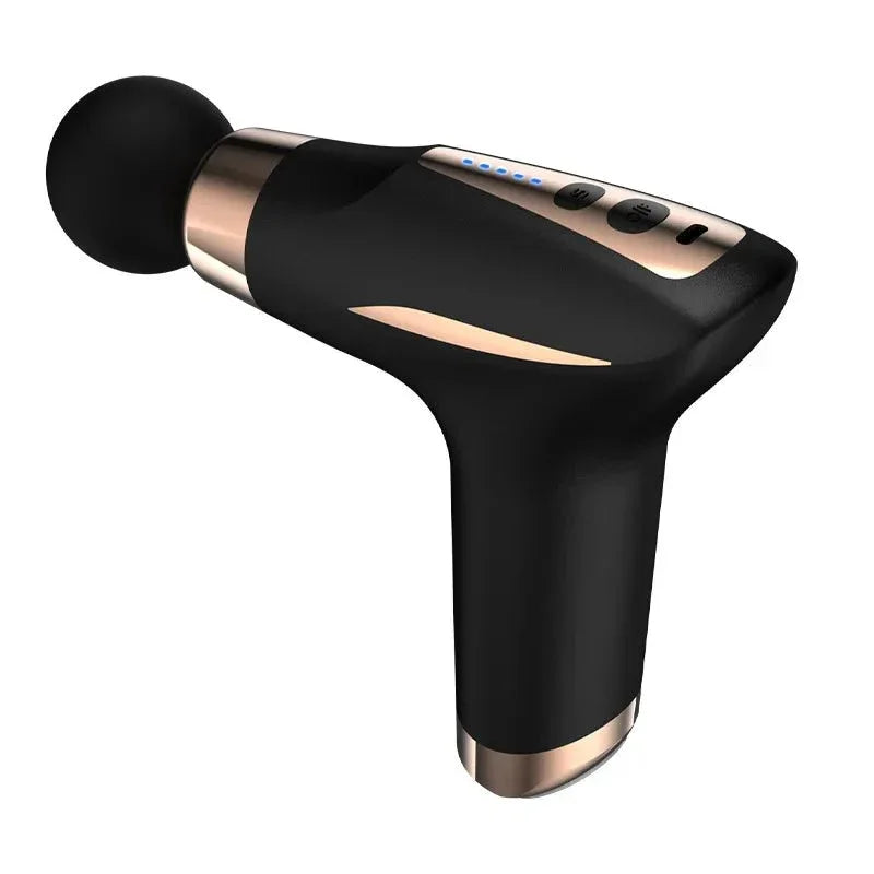 Black and gold handheld massage gun with round head and LED controls on white background