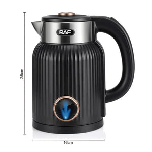 Black RAF electric kettle 25cm tall, 16cm wide, ribbed design, handle and spout visible